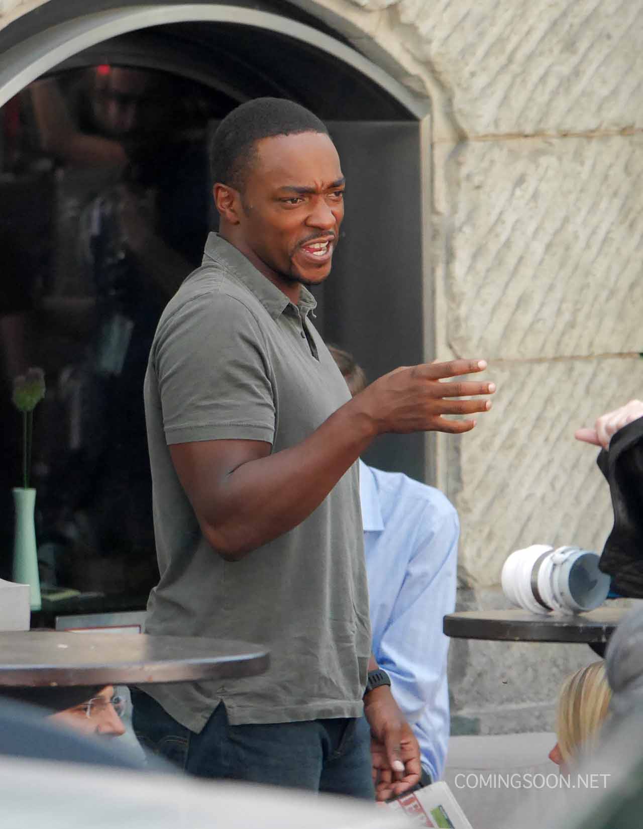 BERLIN, GERMANY - AUGUST 10: Actor Anthony Mackie sighted on the set of Captain America, Civil War at Potsdamer Platz on August 10, 2015 in Berlin, Germany. (Photo by Chad Buchanan/GC Images)