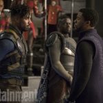 Marvel Studios' BLACK PANTHER
L to R: Erik Killmonger (Michael B. Jordan) and T'Challa/Black Panther (Chadwick Boseman), b/g W'Kabi (Daniel Kaluuya)
Credit: Matt Kennedy/©Marvel Studios 2018