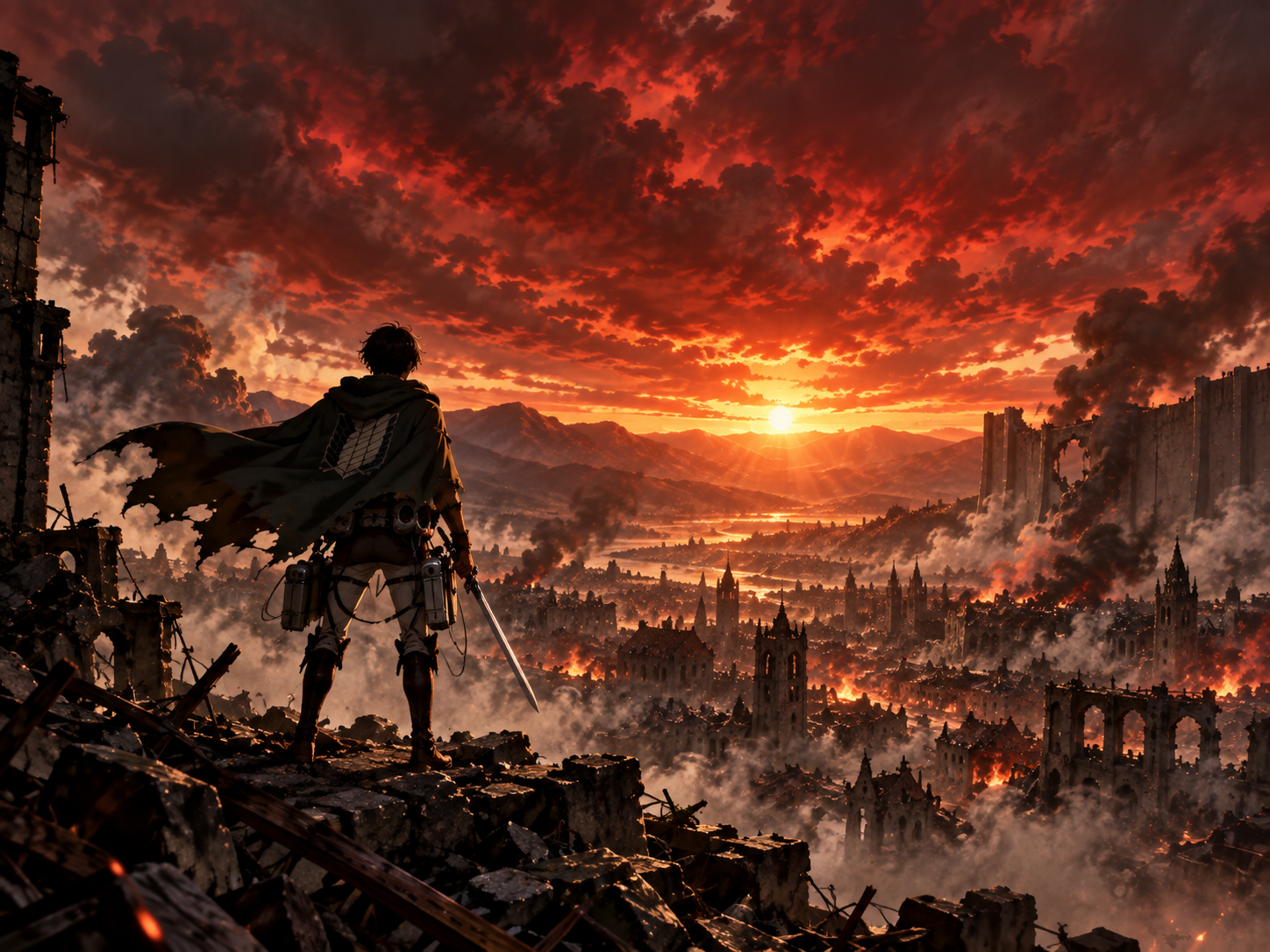 Soldado diante de uma cidade em ruínas ao pôr do sol, representando o desfecho de Attack on Titan
