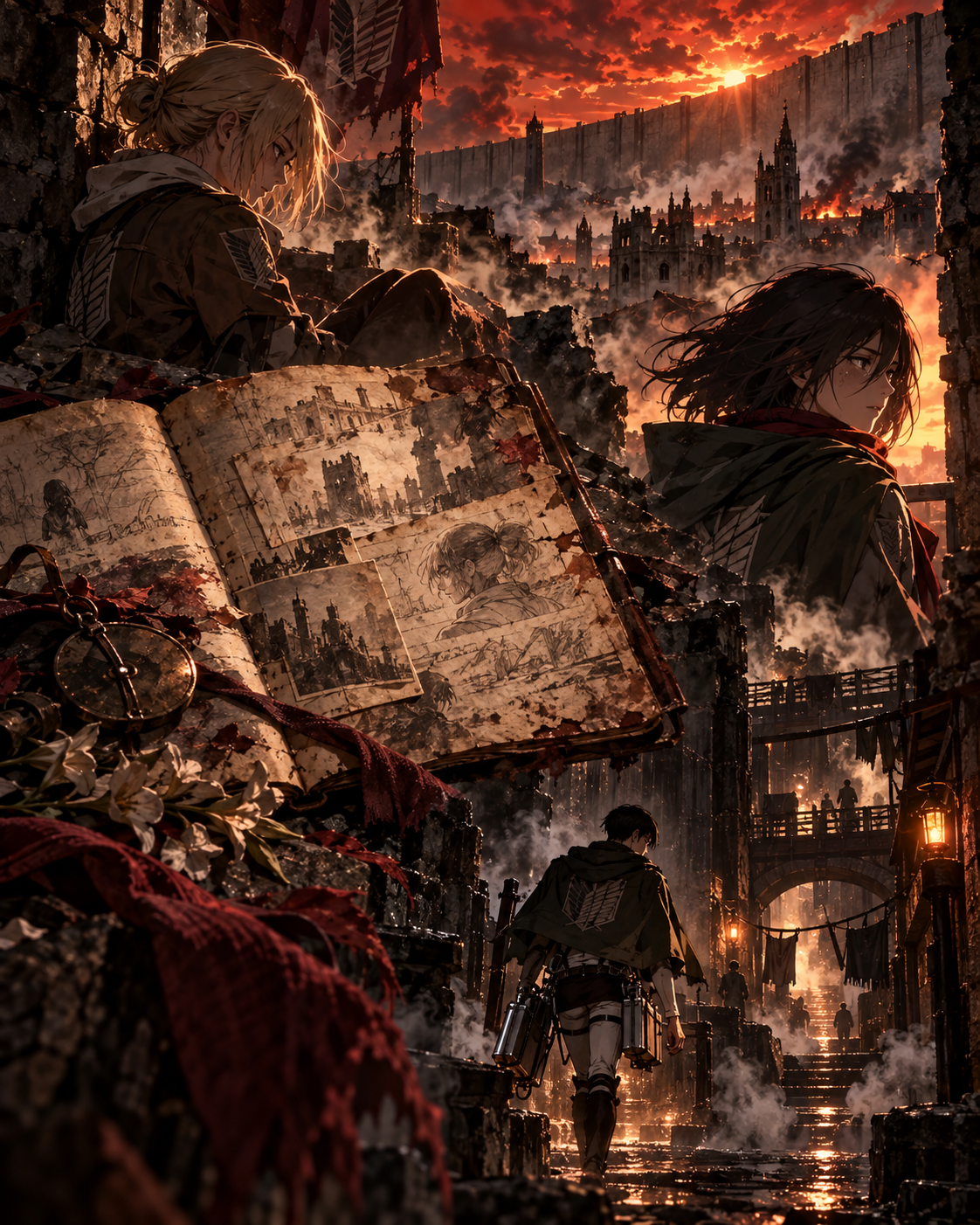 Caderno, soldados e cenas paralelas inspiradas nos OADs e OVAs de Attack on Titan