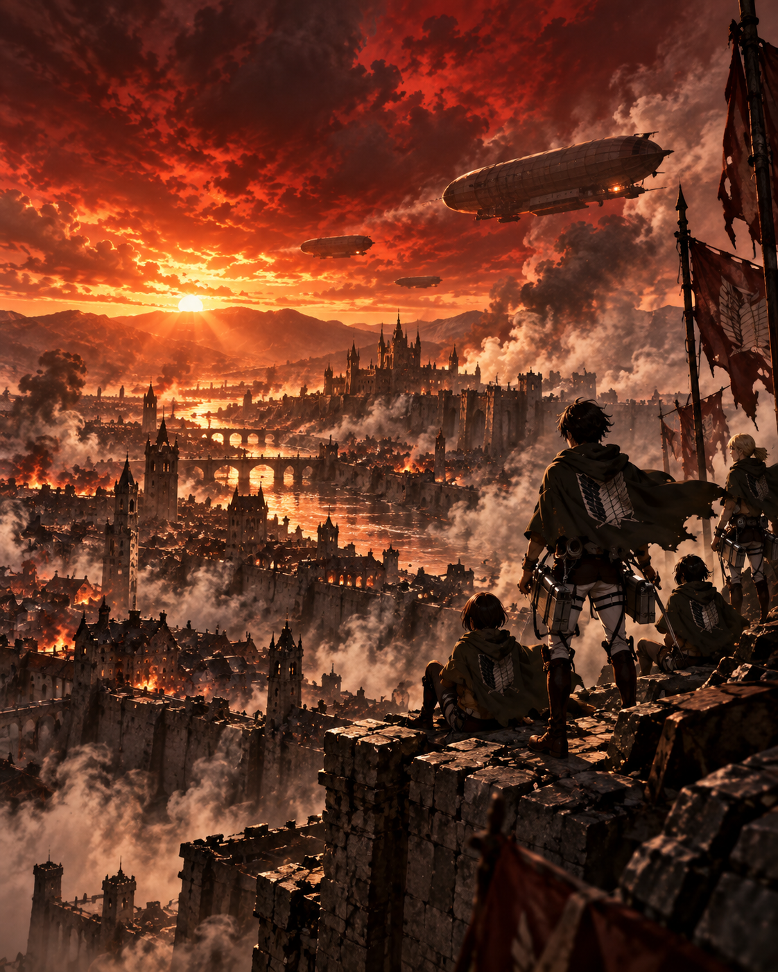 Soldados observam uma cidade e dirigíveis, em arte sobre relançamentos e eventos de Attack on Titan