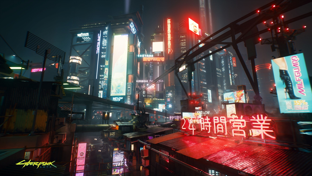 Paisagem de Night City com arranha-céus, passarelas e anúncios luminosos de Cyberpunk 2077