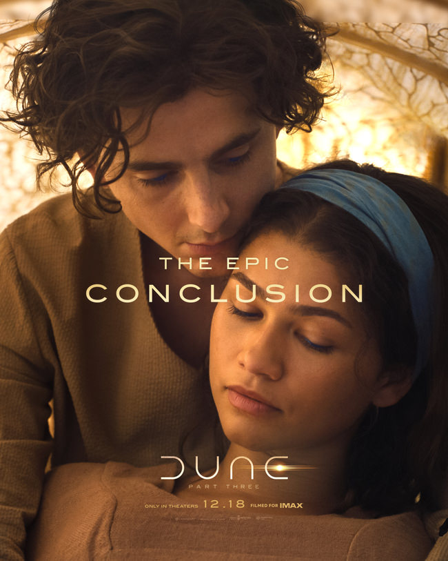 Cartaz de Duna Parte Três com Paul Atreides e Chani juntos