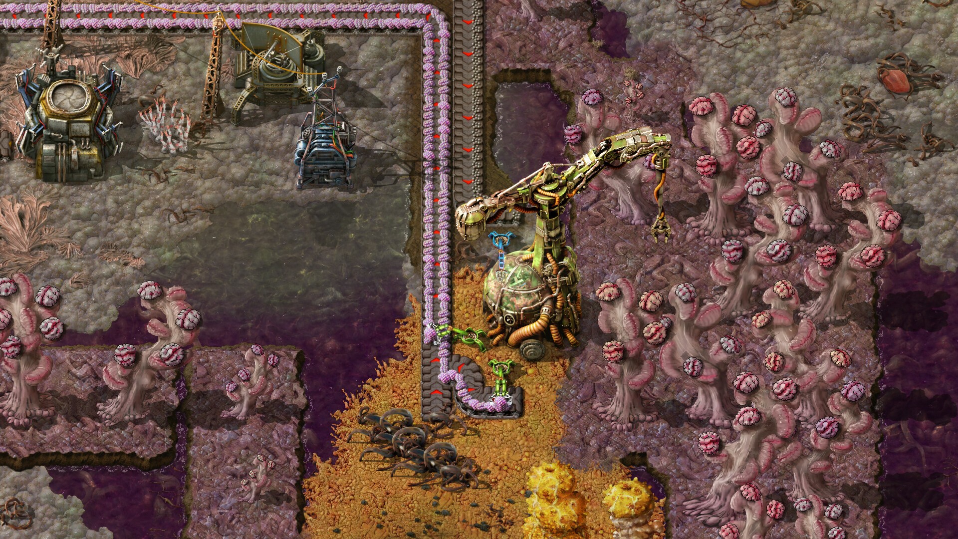 Instalação industrial de Factorio Space Age em cenário alienígena