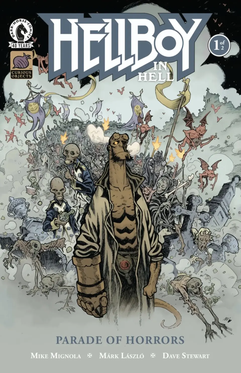 Capa do quadrinho Hellboy in Hell Parade of Horrors com Hellboy numa procissão infernal