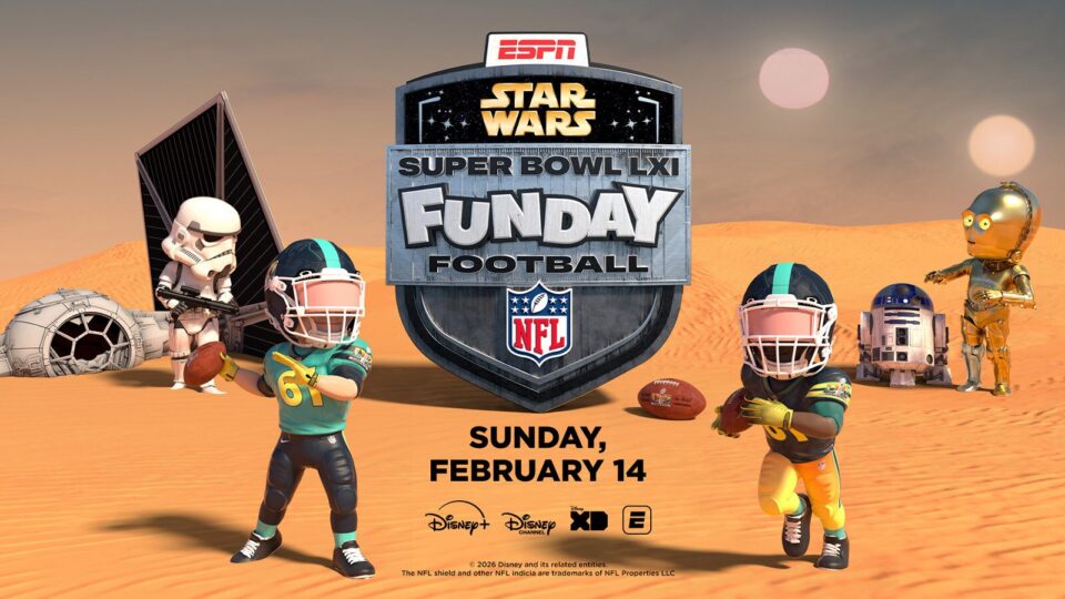 Arte oficial da transmissão do Super Bowl LXI com personagens de Star Wars
