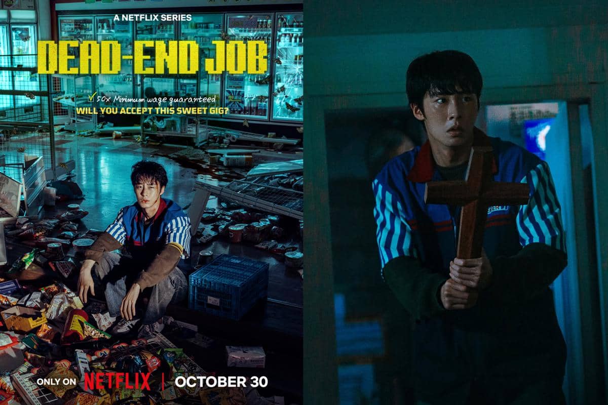 Cartaz da série Dead-End Job com funcionário em loja de conveniência destruída