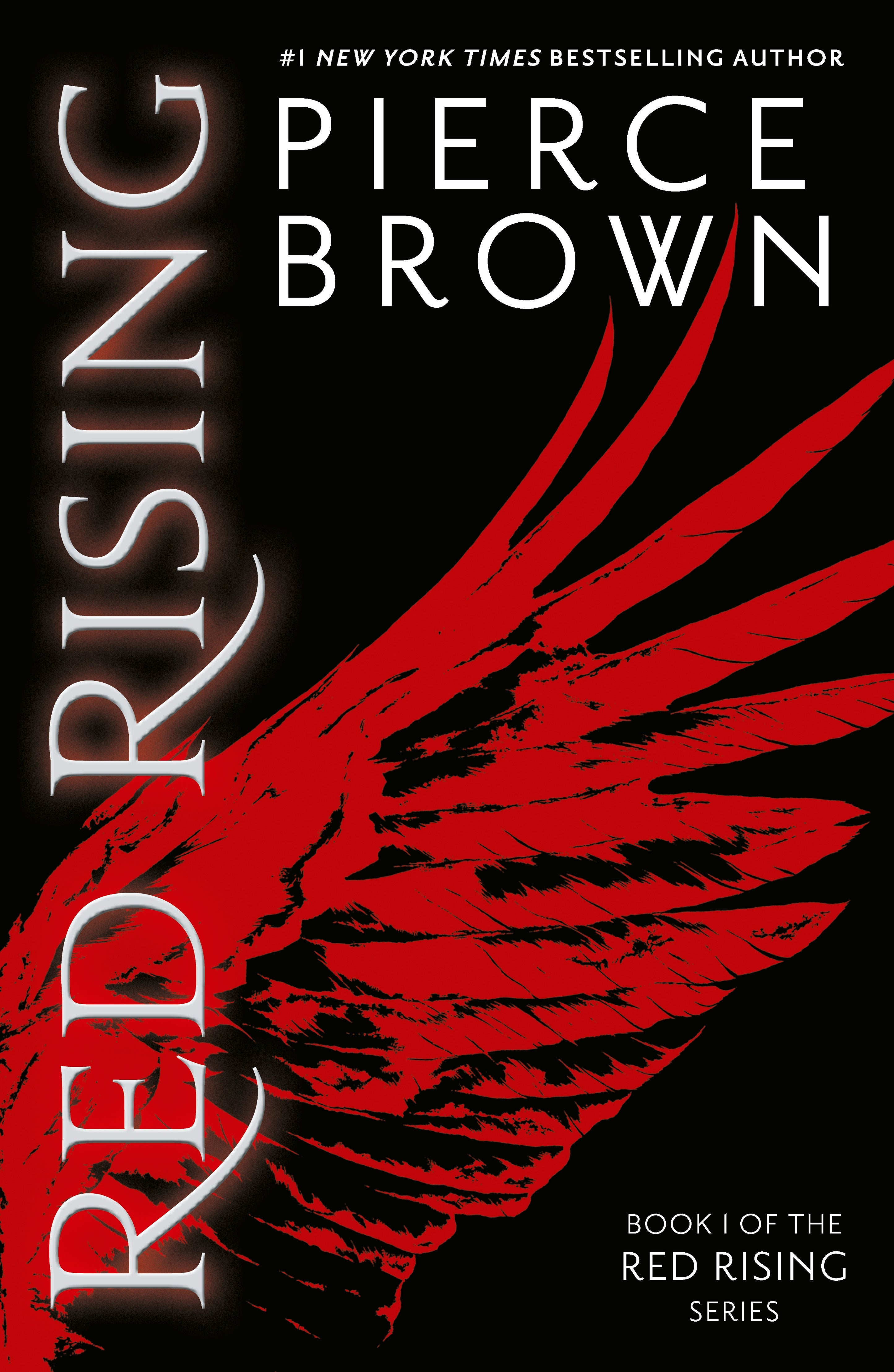Capa da edição Red Rising de Pierce Brown, com asa vermelha em fundo preto