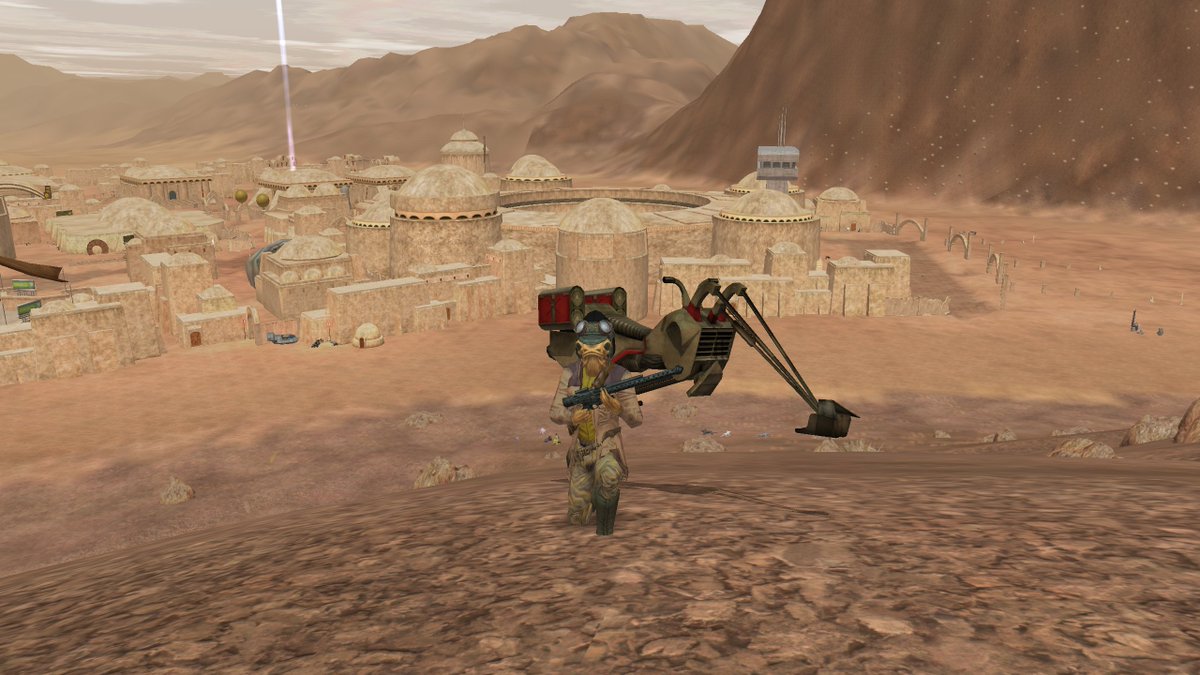 Cenário de Star Wars Galaxies Restoration com personagem e veículo em Tatooine