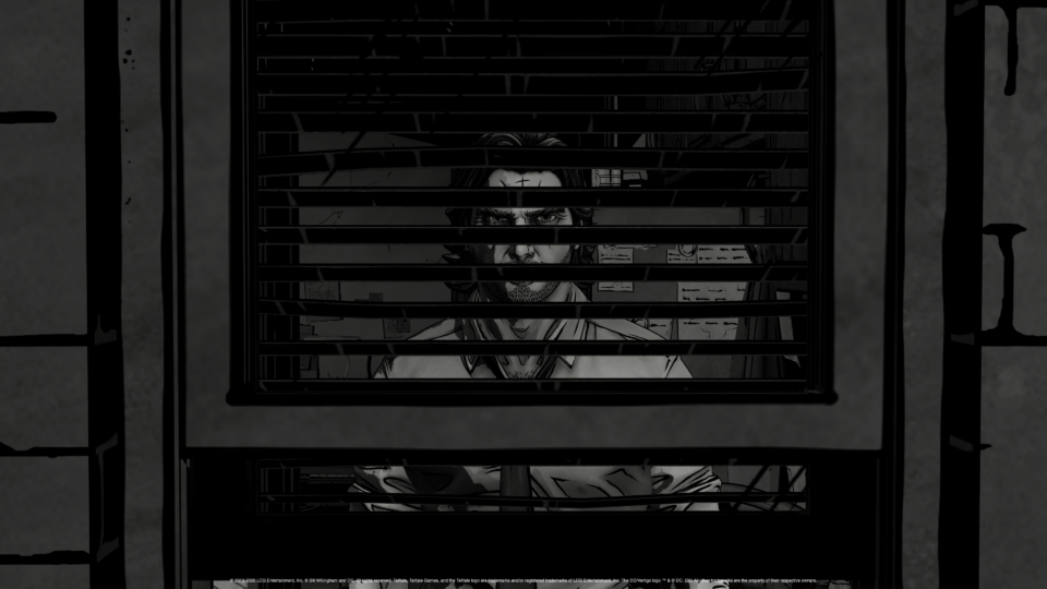 Cena do jogo The Wolf Among Us Remastered no modo preto e branco Noir Mode