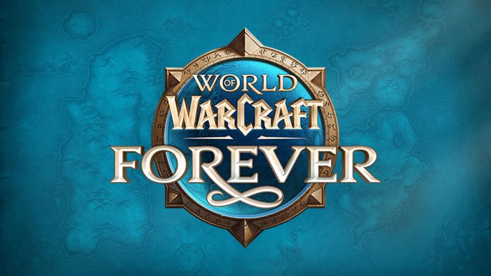 Logo oficial de World of Warcraft Forever sobre fundo azul