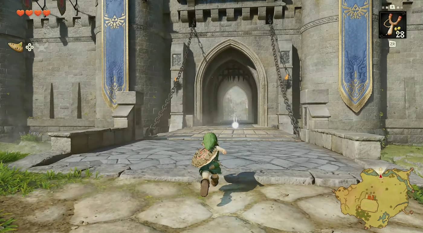 Link corre em direção ao portão do Castelo de Hyrule no remake de Ocarina of Time para Switch 2